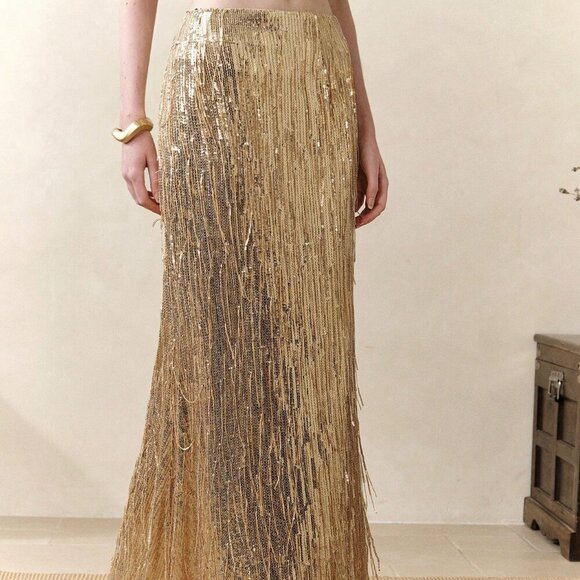 Gold Party Women's Sequin Fringe Mermaid maxi skirt - Picture 5 of 7